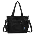 Versatile black canvas tote bag with large capacity and small detachable pouch - Black