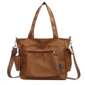 Large capacity brown canvas tote bag with multi-pockets and a small round coin purse - Brown