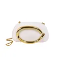 White evening clutch bag with oversized gold circular metal handle and chain strap - White