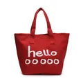 Bolso tote grande de lona roja con estampado hello blanco para uso casual y diario - Rojo
