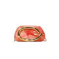 Elegant pink marbled acrylic evening clutch bag with oversized gold C-shaped metal handle. - Red