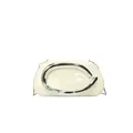 Elegant cream evening clutch bag featuring a large silver C-shaped metal handle and chain - White