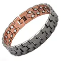 Nahaufnahme eines breiten Magnetarmbands mit zweireihigen Magneten und Kupfer-Finish. - Gitterform Halbtextur / Antikes Kupfer/Schwarz Mix