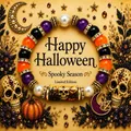 Detailed macro view of a Halloween elastic bracelet with skull and pumpkin charms. - Skull Style (With Card)