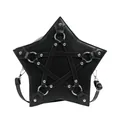 Detailed view of a black star-shaped crossbody bag with silver harness strap accents - Black