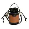 Detail of the drawstring closure and contrast stitching on the black bucket bag. - Black and Brown