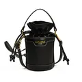 Front view of black leather cylinder bucket bag with drawstring closure and gold hardware - Black