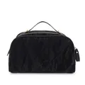 Detailed front view of a black crinkled texture makeup bag with gold metal zippers and handle - Black