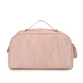 Detailed side view of light pink makeup bag showing crinkled texture and top handle - Pink