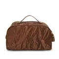 Close-up of a brown metallic textured makeup bag with premium gold zippers and handle - Brown