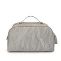 Close-up detail of silver grey cosmetic bag with crinkle texture and gold hardware - Silver