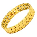 Detailansicht der Glieder und Magnete eines goldenen zweireihigen Magnettherapie-Armbands - Gitterform / Gold