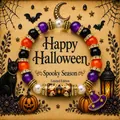 Close-up of Halloween beaded bracelet featuring ghost patterns and purple witch hat charm - Ghost Lamp Style (With Card)