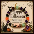 Detailed view of Halloween beaded bracelet featuring a witch hat charm and black cat pattern - Halloween Black Cat Style (With Card) / Single Piece