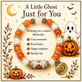 Close-up of Halloween elastic bracelet featuring ghost beads and a pumpkin charm - Ghost Pumpkin Style (With Card)
