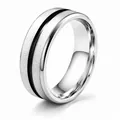 Brushed silver finish ring with minimalist black oil drop center groove for couples - Size 6 / Silver With Black Enamel