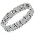 Breites silbernes Magnettherapie-Armband mit zweizeiligen strukturierten Gliedern. - Doppellinie Stil / Silber