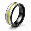 Brushed silver and black two-tone ring with a vibrant yellow enamel center stripe - Size 6 / Black With Yellow Enamel