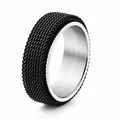 Spinning stainless steel wedding band featuring a textured black mesh rotatable outer layer - Size 6 / Rotatable Mesh Style / 6mm / Black + Silver