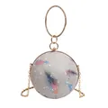 Detailed view of spherical evening bag with colorful feather print and ring handle - Silver
