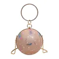 Elegant spherical evening bag with rhinestone ring handle and feather print. - Pink