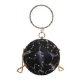 Elegant black spherical evening bag with colorful feather print and rhinestone handle - Black