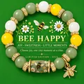 Handmade colorful beaded stretch bracelet with bee charm and nature-themed graphic background - Green Bee Style / With Card / Green