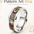 Polished stainless steel ring with vibrant colorful floral pattern inlay - Size 6 / Bird and Flower