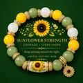 Colorful handmade beaded sunflower elastic bracelet with yellow and green stone accents - Sunflower / With Card / Yellow