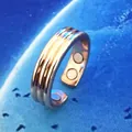 Macro detail shot showing the dual therapeutic magnets inside a copper ribbed open ring. - Four Magnets Threaded Style / Rose Gold
