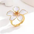 Elegant French style light luxury white enamel flower adjustable ring with gold finish - Ring (BSHB-TZ) / White