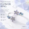 Elegante anillo de flor en plata de ley 925 con circonitas violetas y azules. - Diseño Abierto / Estilo Flor de Strass Azul y Púrpura / Plateado