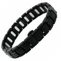 Bracelet magnétique noir rétro pour hommes avec boucle déployante et pierres blanches - Double Pression Boucle Papillon Longue Bande Magnétique / Noir