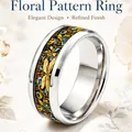 Floral pattern stainless steel ring with an elegant butterfly and leaf inlay design - Size 6 / Yellow Dragonfly
