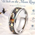 Premium stainless steel ring featuring a vivid witch on the moon celestial inlay pattern - Size 6 / Moon Party