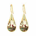 Elegant teardrop drop earrings with artistic rooster and floral motif in golden frame - Rooster and Floral Pattern Style