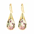 Elegant teardrop gold earrings with colorful hummingbird and peony flower illustration - Hummingbird and Floral Illustration Style