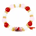 Colorful handmade elastic beaded bracelet with red cardinal charm and floral bead - Red Bird Style / Single Piece
