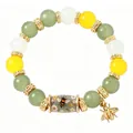 Handmade multi-color beaded elastic bracelet featuring bee charm and floral details - Green Bee Style / Single Piece