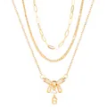 Collier doré multi-rangs avec nœud en cristaux et pendentif lettre B suspendu - Triple Rangée Superposée / Nœud Lettre B