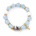 Handmade light blue beaded bracelet with hummingbird charm and painted bird bead - Blue Bird Style / Single Piece
