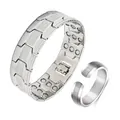 Silbernes Magnetfeldtherapie-Armband für Herren mit Gliedern und passendem offenem Ring - Armband + Ring Set / Silber