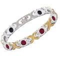 Vintage zweifarbiges Magnetarmband mit roten und schwarzen Steinen und Kristallen - Galvanisierter zweifarbiger roter Strass-Stil / 20 cm x 0,8 cm / Silber & Gold
