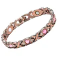 Vintage-Magnetarmband aus rotem Kupfer mit rosa Steinen und elegantem Gliederdesign-Schmuck - X-Form Rosa Strass / Länge 20 cm x Breite 0,8 cm / Antikes Rotkupfer