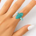 Bohemian beaded ring featuring a hexagonal turquoise stone on a light blue bead band. - Amazonite