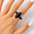 Hexagonal black natural stone pillar ring with elastic beaded bands for women. - Obsidian