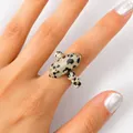 Hand wearing a Dalmatian Jasper beaded ring featuring a central hexagonal pillar stone - Dalmatian Jasper