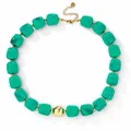 Fashionable green acrylic beaded necklace with marbled texture and gold bead detail. - Blue Bead