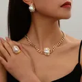 Chunky gold-tone necklace set with irregular baroque faux pearl accents for women - 3-Piece Set (Necklace+Earrings+Ring) / Gold