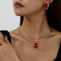 Elegant vintage gold choker necklace set with red irregular faux pearl pendant - Choker + Earrings Set / Red